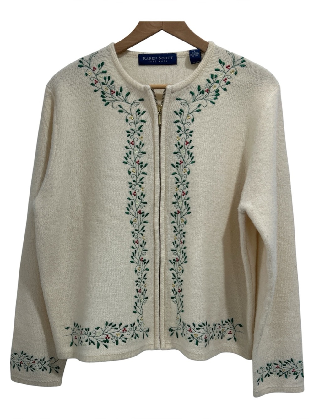 Vintage 90s Karen Scott Wool Zip Embroidered Holly Christmas Cardigan Sweater L